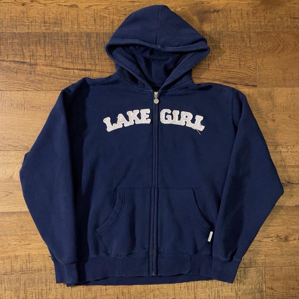 Lake Girl Zip Up Hoodie Womens XL Navy Preppy Minimal Loungewear Sweatshirt